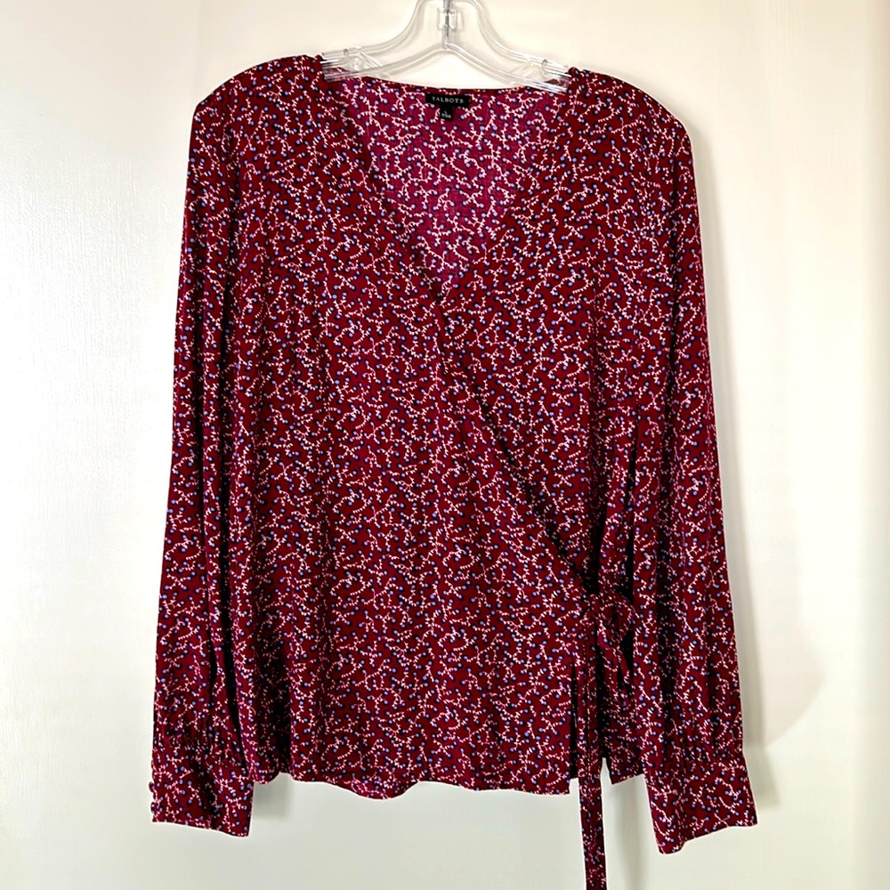 Talbots wrap blouse, maroon/burgundy with blue and white geometric pattern